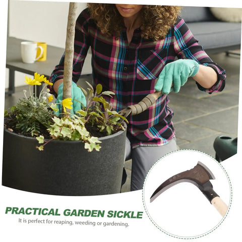 Person using Do-It-All Manganese Sickle Garden Tool With Detachable Handle for weeding in potted plant, close-up of sickle blade.