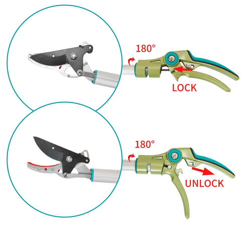 Cut And Hold Pole Pruner With 4 Point 2 Foot Reach And 180 Degree Rotating Handle, Easy Grip SK5 Steel Blade Cuts Up To Half Inch mechanism