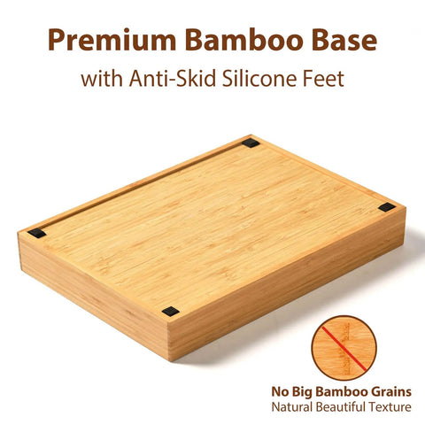 Premium Bamboo Kitchen Drawer Organizer Nine Inch Silverware Tray with anti-skid silicone feet, natural bamboo texture.