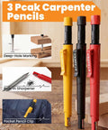 Job Site Ready And No Nonsense Carpentry Marking Kit Featuring A Kick-Ass Tool Bundle With Color Coded Refills Precision Scribe Center Punch And Heavy Duty Pencils For Skilled Craftsmen. Three carpenter pencils in yellow, red, and black with built-in sharpener.