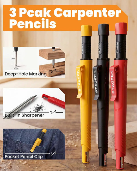 Job Site Ready And No Nonsense Carpentry Marking Kit Featuring A Kick-Ass Tool Bundle With Color Coded Refills Precision Scribe Center Punch And Heavy Duty Pencils For Skilled Craftsmen. Three carpenter pencils in yellow, red, and black with built-in sharpener.