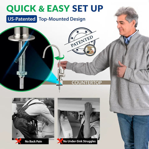 Man holding Lead-Free Reverse Osmosis Faucet For Under-Sink Water Filtration Systems Non-Air Gap Chrome 9-Inch Solid Brass RO Faucet