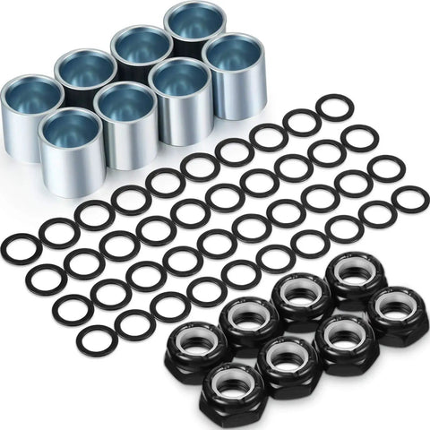 Skateboard Truck Hardware Kit With 8 Spacers 8 Axle Nuts And 40 Speed Rings For Skateboard And Longboard displayed on white surface.