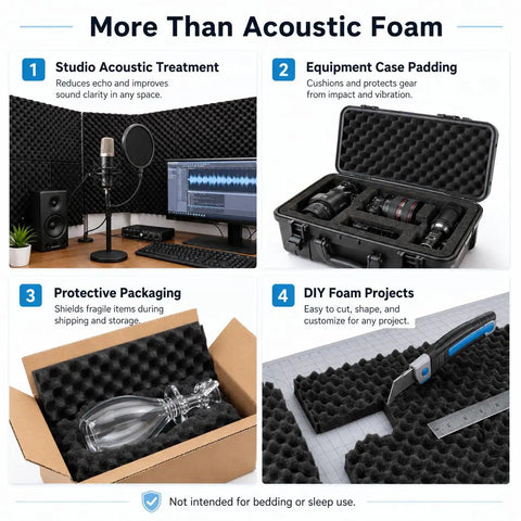 More Than Acoustic Foam showing studio treatment, equipment case padding, protective packaging, and DIY foam projects.