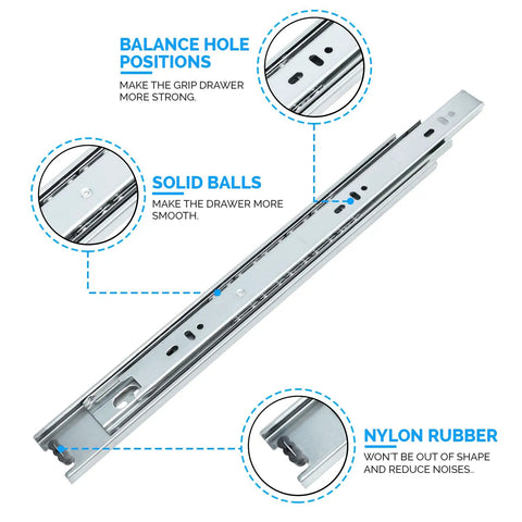 Built Tough 12 Inch Side Mount Drawer Slides features solid balls and nylon rubber for smooth gliding in cabinets and dressers.