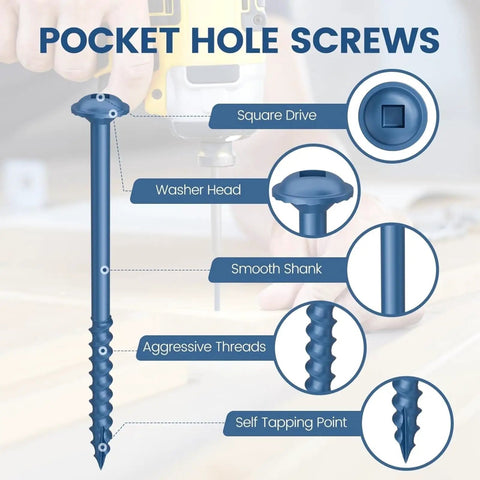 "Blue Anti Rust Pocket Hole Screws Two And A Half Inch 300 Piece Set with Square Drive Bit and Washer Head"
