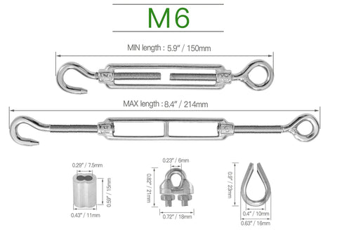 Heavy Duty M6 Hook And Eye Turnbuckle Set With 304 Stainless Steel Hardware Includes M3 Thimbles Wire Rope Clip Clamps And Wire Rope Sleeves