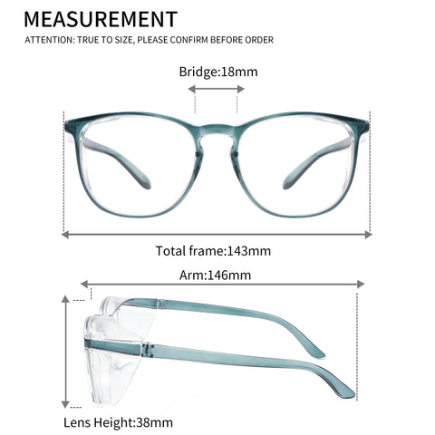 Two Pack Anti Fog Safety Glasses With UV 400 Protection Blue Light Blocking Anti Dust Shield Polycarbonate Lenses TR90 Frame Non Polarized Eyewear For Men And Women Blue And Black shown with measurements for frame, bridge, arm, and lens height.