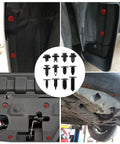 Badass Heavy Duty Nylon Push Pin Rivet Fastener Kit With Dope Assortment Of Retainer Clips and Pry Bar Tool for No Sweat Car Trim Dash and Door Panel Upgrades, showing assorted clips and installation in vehicle.