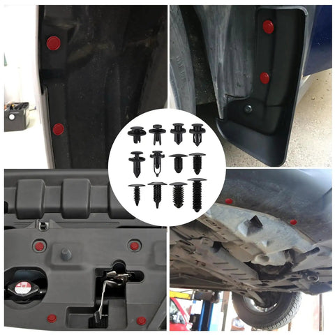Badass Heavy Duty Nylon Push Pin Rivet Fastener Kit With Dope Assortment Of Retainer Clips and Pry Bar Tool for No Sweat Car Trim Dash and Door Panel Upgrades, showing assorted clips and installation in vehicle.