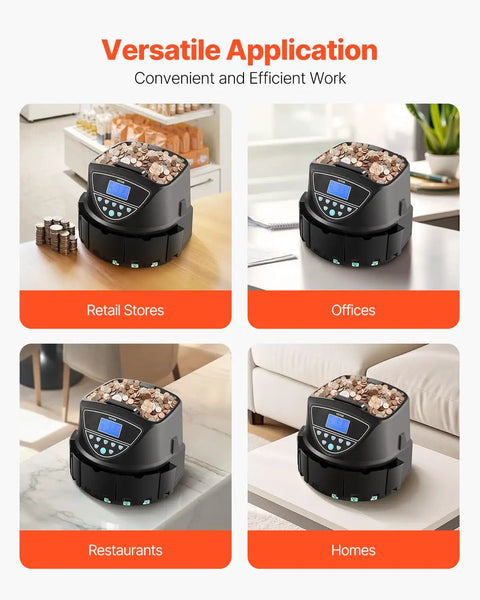 Coin Counter And Sorter With Intuitive Display, Fast 300 Coins Per Minute, 5 Coin Tubes And 5 Trays in various settings