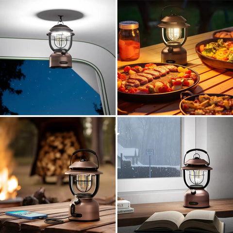 Rechargeable Vintage LED Camping Lantern with 15000mAh battery, 1000 lumen, stepless dimming in home, camping and outdoor settings