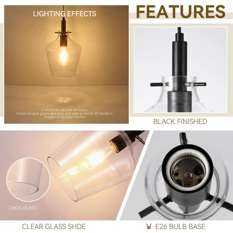 Kveosv 2 Pack Kitchen Island Pendant Lights, 8" Clear Glass Shade detail showing black metal fixture and E26 bulb base.