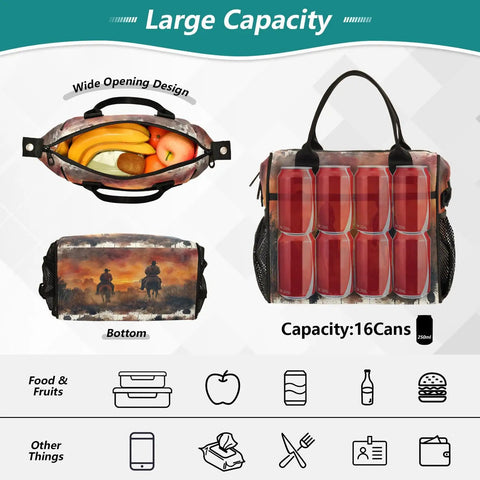 Desert Cowboy Insulated Lunch Bag For Women With Adjustable Shoulder Strap featuring large capacity, wide opening with fruits and cans.