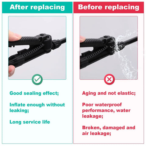 Comparison of sprayer performance before and after using 2 Sets O Rings Seal Gasket Kit For Sprayers Piston Pump Repair Includes 12 Gaskets In 4 Sizes And 2 Rubber Base Pads Durable Premium Rubber Seals For Garden Sprayer Replacement showing improved sealing and no leaks at left and water leakage at right.