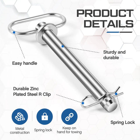 Beefy Trailer Hitch Pins And Clip Set Three Quarters Inch Diameter By Six And A Quarter Inch Length Clevis Pins With Handles 2 Pack R Clip Included, zinc plated steel with spring lock