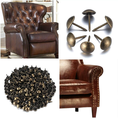 Premium 320 Piece Set Of Top Shelf Upholstery Tacks Featuring A Knockout Antique Brass Finish and Smooth Round Heads displayed with leather armchair.