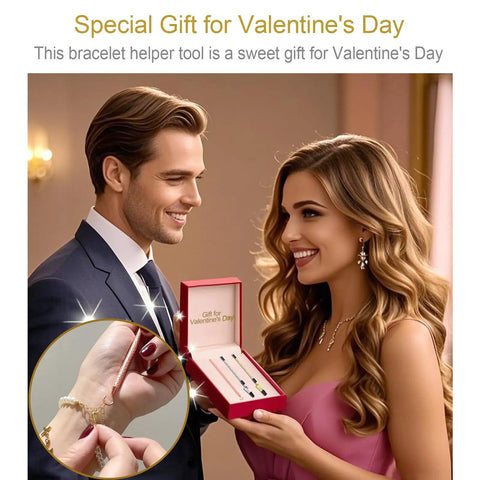 Couple exchanging Three Piece Bracelet Helper Tool Set With Quick Release Hooks For Jewelry, in a gift box labeled 'Valentine's Day'
