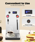 Straight Up Commercial Milk Frother And Automatic Steam Boiler With Led Digital Display 2.1 Gallon Dual Tank Espresso Maker controls and LED panel.