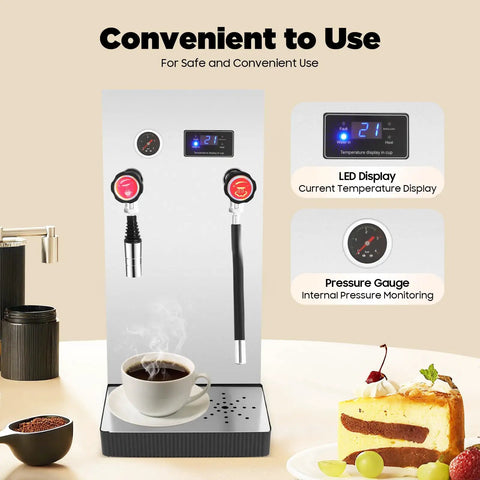 Straight Up Commercial Milk Frother And Automatic Steam Boiler With Led Digital Display 2.1 Gallon Dual Tank Espresso Maker controls and LED panel.