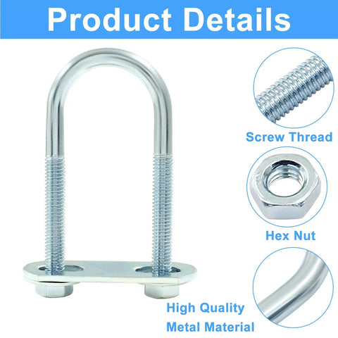 Four Pack M6 U Bolts 1 Inch Wide Round U Bolts With Frame Plates Nuts And Washers Zinc Plated Steel U Clamp For Trailers And Boats 25mm By 70mm For Tough Use shown with details on screw thread and hex nut