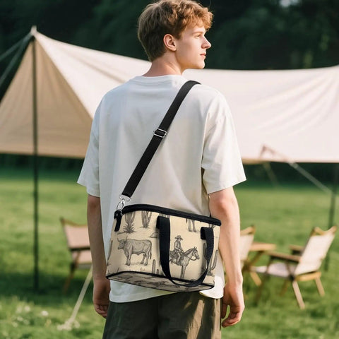 Person carrying Insulated Lunch Box For Work And On The Go With Leakproof Construction and Removable Shoulder Strap, cowboy design