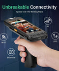 Rugged Android 11 Handheld Barcode Scanner with Pistol Grip displaying connectivity features in hand