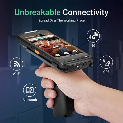 Rugged Android 11 Handheld Barcode Scanner with Pistol Grip displaying connectivity features in hand