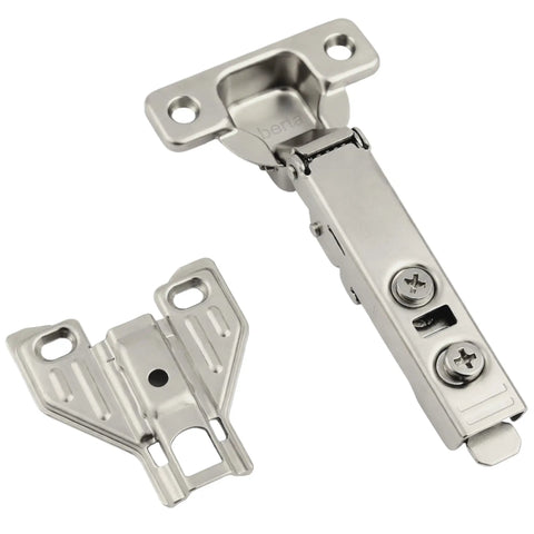Two Pack Full Overlay Face Frame Soft Close Concealed European Cabinet Hinges, steel, showing hinge and mounting plate, for cupboards and closets.