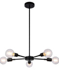Five Light Modern Sputnik Chandelier in matte black with adjustable swivel bulb cups, ideal for dining room and kitchen.