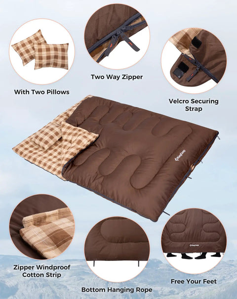 Two Person Queen Size XXL Flannel Sleeping Bag With Cotton Liner And Two Pillows, waterproof design and features illustrated