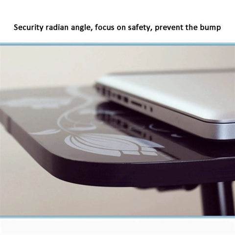 Smooth Operator Height Adjusting Overbed Table Rolling Desktop Stand Up Computer Workstation close-up of safety edge with laptop.