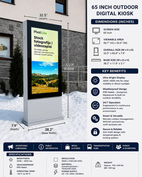 Freestanding Outdoor Digital Display Kiosk With Badass Weather Protection And Super Bright Capacitive Touchscreen, 65 inch dimensions.