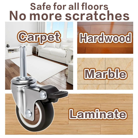 2 Inch Non Marring Rubber Caster Wheels 4 Pack With Brakes displayed on various flooring types including carpet and hardwood