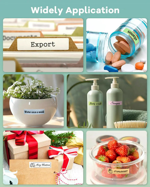 Compact Bluetooth Label Maker With Built In Rechargeable Battery And Ink Free Direct Thermal Printing For Effortless Home Organization And Straight Up Reliable Daily Labeling Jobs In Cool Green labels on jars, plants, skincare products, and gifts.