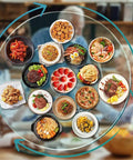 Extra Large Clear Glass Lazy Susan Turntable with assorted dishes, perfect for dining table centerpiece and effortless sharing.