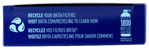Water Bottle Replacement Filters BPA Free 3 Pack box displaying recycling message for Brita filters and saving 1,800 bottles annually.