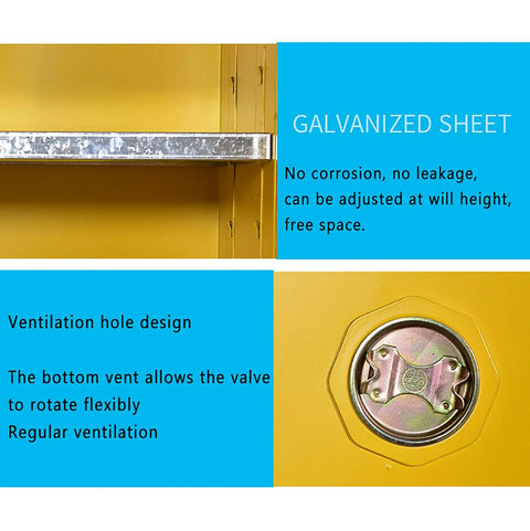 Close-up of Heavy Duty Flammable Safety Cabinet 15 Gallon Storage showing adjustable steel shelf and ventilation system.