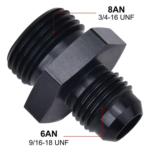 6AN Flare To AN8 ORB Male Fitting Adapter Dual Pack In Aluminum 6061-T6, 9/16-18 UNF To 3/4-16 UNF With O-Ring Seal, black adapter