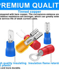 Ultimate 150 Piece Crimp Connector Kit with tinned copper connectors and PVC plastic insulation, shown in red, blue, yellow.