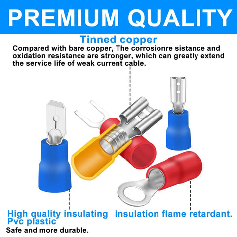 Ultimate 150 Piece Crimp Connector Kit with tinned copper connectors and PVC plastic insulation, shown in red, blue, yellow.