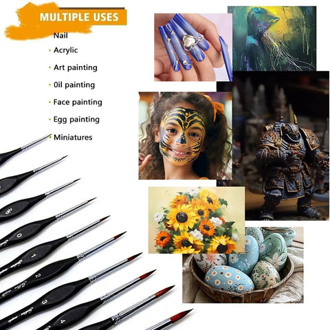 Detail Paint Brush Set Ten Miniature Brushes for Pro Level Fine Detailing and Art Painting in Acrylic Watercolor and Oil Perfect for Models Scale Miniatures and Delicate Work with examples of uses such as nail art, face painting, and miniature models.