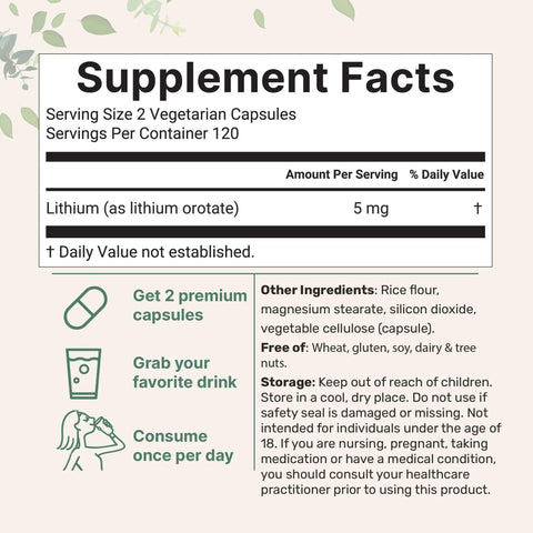 Supplement facts for Lithium Orotate 5mg for Everyday Balance, 240 Vegetarian Capsules, Low Dose Elemental Lithium in Stable Orotate Form