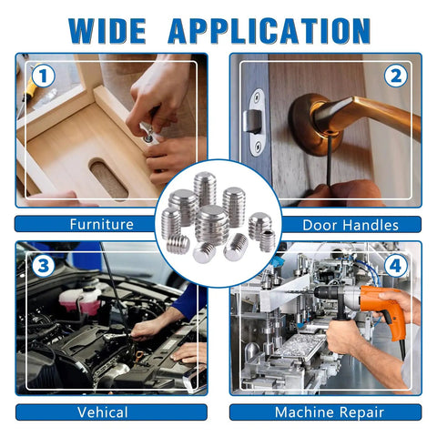 Image showing wide applications of Stainless Steel Set Screws Kit With SAE And Metric Allen Head Socket Hex Grub Screws for furniture, door handles, vehicles, and machines.