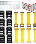 Beefed Up Heavy Duty Wheel Chock Tie Down Kit With 4500 Lb Break Strength, 4 Pack 2 Inch By 9 Foot E Track Straps, components displayed