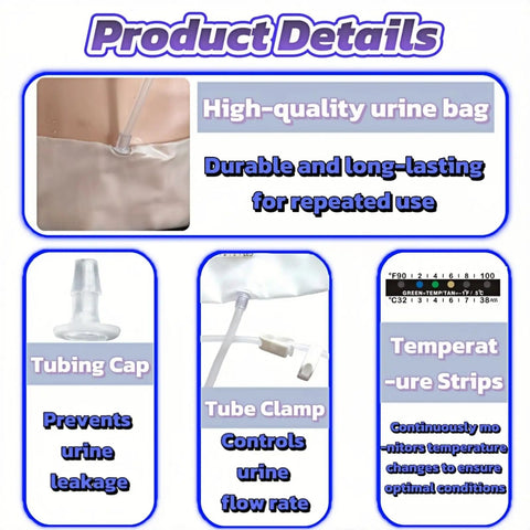 Hella Discreet Urine Test Kit With Straight Up Smooth Concealment Belt For Drug Screening And Temporary Sample Storage Includes Legit Temperature Strips And Adjustable Buckles For Fast Access: detailed view of urine bag, tubing cap, and tube clamp.