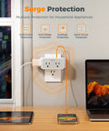 The Ultimate Eight In One Multi Plug Outlet Splitter Packs Hella Convenient Surge Protection Plus A Smooth Wall Mount Extender with devices connected.
