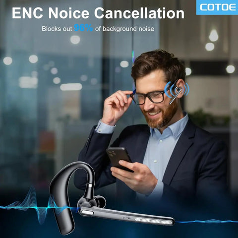 Man using All Day Wireless Bluetooth Headset With 72 Hour Talk Time And 500mAh Case, V5.3 Noise Cancelling Mic, Black