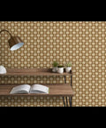 Premium Moroccan Wallpaper Roll With Matte Linen Texture And Hella Durable Non Toxic Finish For Busy Spaces on wall above wooden desk.