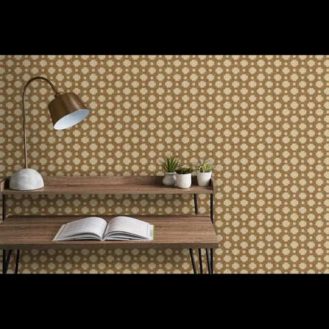 Premium Moroccan Wallpaper Roll With Matte Linen Texture And Hella Durable Non Toxic Finish For Busy Spaces on wall above wooden desk.